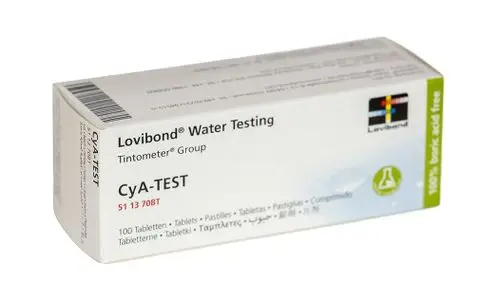 Verpackung mit Indikator für Cyanursäure, angeboten von der Marke Grünbeck. Enthält 100 Tabletten zur Wasseranalyse, dargestellt in einer weißen Box mit mehrsprachiger Beschriftung.